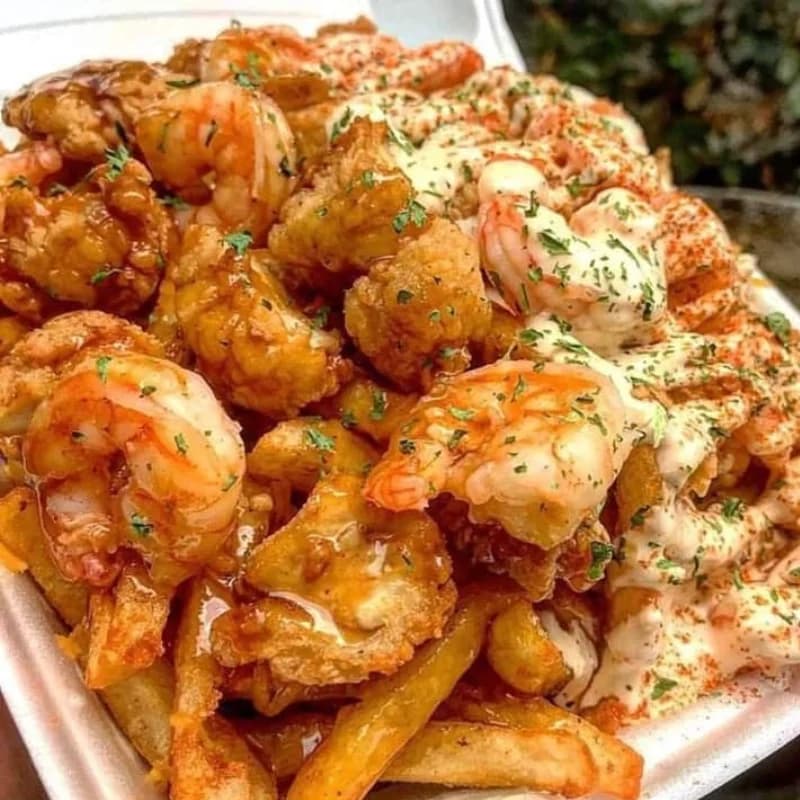 Sloppy Shrimp and Chicken Loaded Fries — American